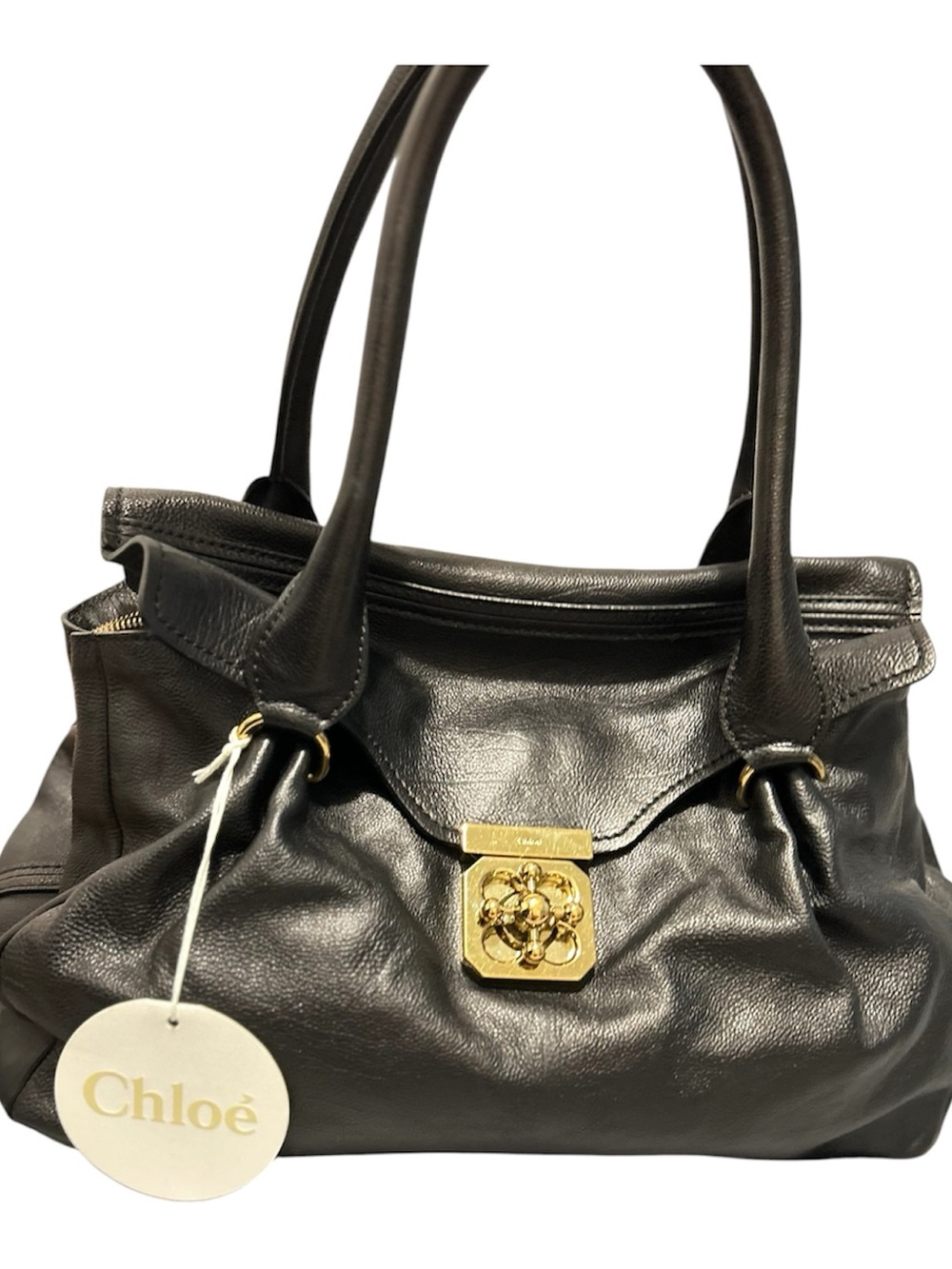 Chloé Black Leather Shoulder Bag with Gold Lock